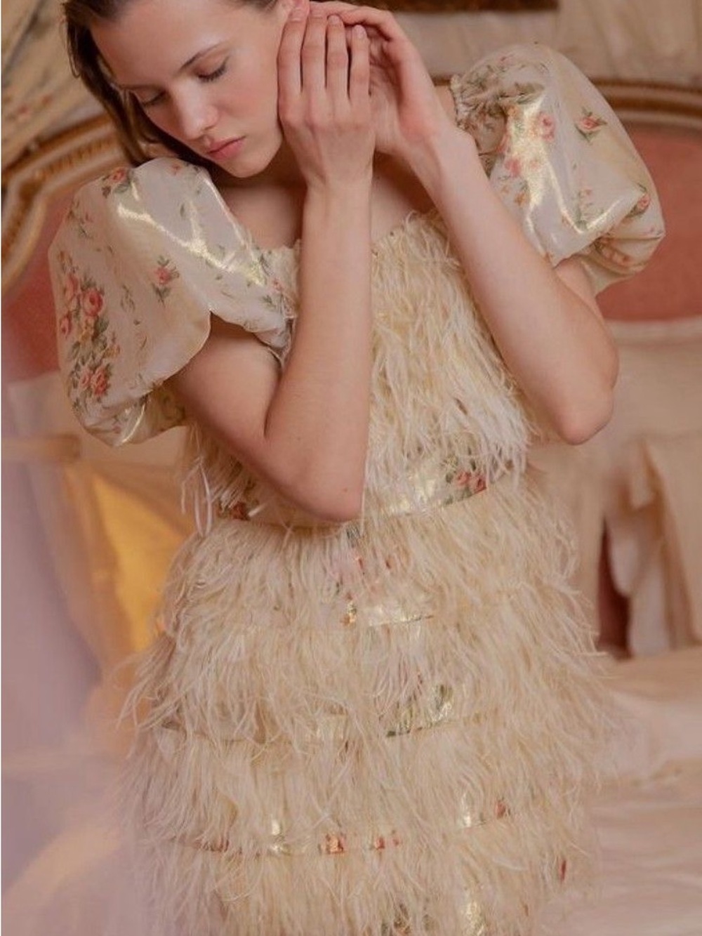 LoveShackFancy Beryl Feather Mini Dress in Golden Fog Size 0 - Picture 7 of 15
